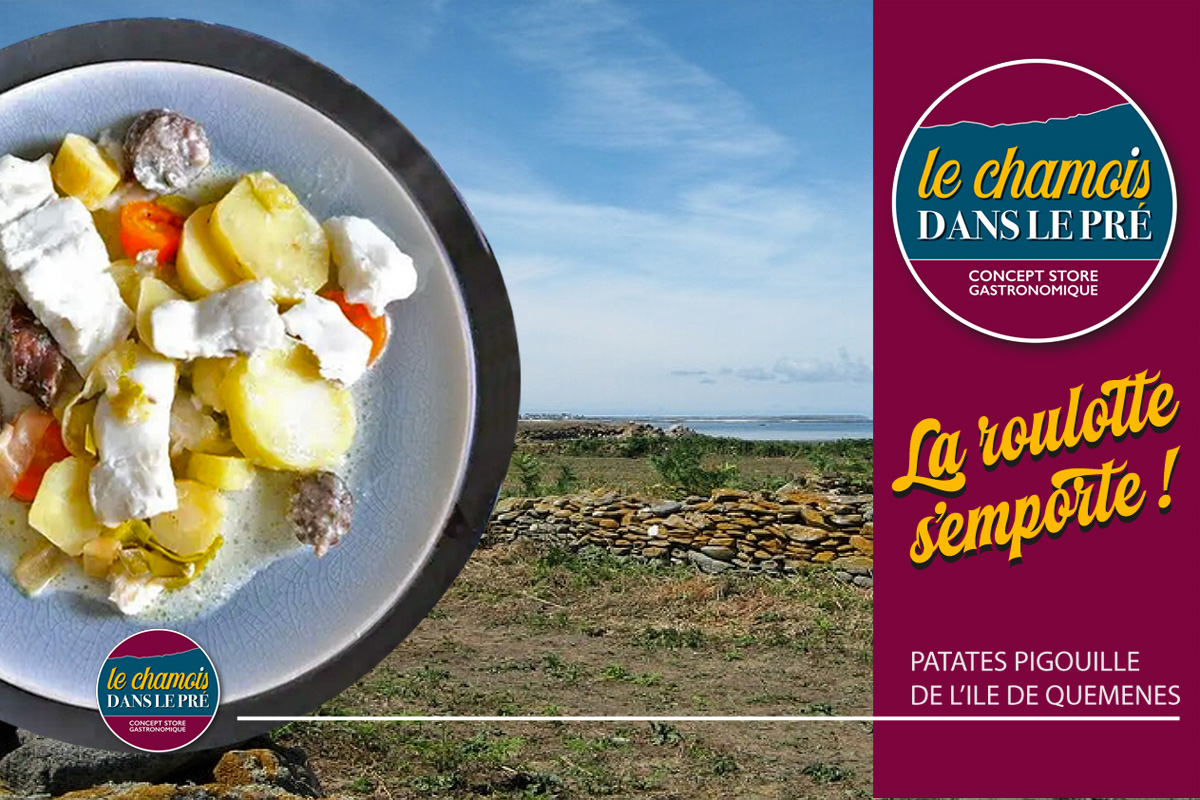 Hey l'épicurien-ne !! 
Je te ramène de mes vacances une dinguerie culinaire des iles bretonnes.
Les patates pigouille... le jeudi seulement (à partir du 22 janvier) à emporter et à réserver.
J'te raconte !

Nichée au cœur de la mer d’Iroise, l’Île de Molène se démarque par sa nature sauvage et préservée, mais également par une tradition culinaire riche et singulière. Au centre de cette tradition se trouve un plat peu connu du grand public, mais révérencieux parmi les connaisseurs : la patate pigouille. Cette spécialité locale ne se contente pas de nourrir le corps ; elle raconte une histoire, celle d’une communauté insulaire fière de ses racines et de son environnement unique.
Originellement conçue par les goémoniers de l’île, hommes et femmes qui récoltaient les algues, la patate pigouille est devenue au fil du temps une spécialité culinaire incontournable de l’île.

Il s'agit d'un genre de potée associant viande, légumes et poisson. Les légumes (pommes de terres, carottes et courgettes), superposés en couches successives, sont parfumés par les saucisses de Molène. �Cette saucisse, fumée aux algues,  donne un goût absolument unique et puissant.
Il suffit de rajouter le poisson (lieu jaune ou noir très souvent) et ce plat ne demande qu’à être dégusté.
Et tu sais quoi.... il est interdit de mélanger. J'te raconterai pourquoi si tu viens à la roulotte :-)

Transmise de main en main au fil des générations, cette préparation est plus qu’une recette ; c’est un héritage, une part de l’identité bretonne. 
[source : tijournal.fr]