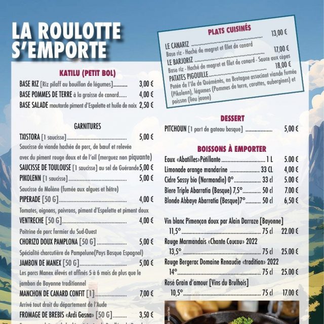 Hey l'épicurien-ne !!
Tu l'as compris si tu me suis sur les réseaux... je reviens de vacances et je change un peu la formule de la roulotte.
A partir du 22 janvier... jeudi, tu vas pouvoir emporter une grande partie de mes produits, légèrement modifiés, chez toi, au chaud... pour déguster.
Tu as vu passer l'annonce du nouveau plat, les patates pigouille, mais il y aura aussi du haché sauce aux cèpes, et des Katilu. Le katilu (prononcé katilou) est un petit bol en basque. Une base de riz pilaw cuit au bouillon de légumes ou de pommes de terre. Tu rajoutes, à ta guise, des garnitures de qualité paysanne et traditionnelle.
Tu commandes avant le mercredi soir 18.00 et en rentrant du boulot, tu passes entre 18 et 20 h... ton (ou tes plats) seront chauds et terriblement gourmands.
Tu as le menu à parcourir... et mon téléphone 06 49 58 02 64.
Tu sms ou téléphone et le tour est joué !!
A très vite !!!
#lechamoisdanslepre #laferrieresousjougne #bretagne #paysbasque #végétarien #bièresartisanales #restaurantjougne #cidre #gastronomie #artisans #patatespigouille #barjo